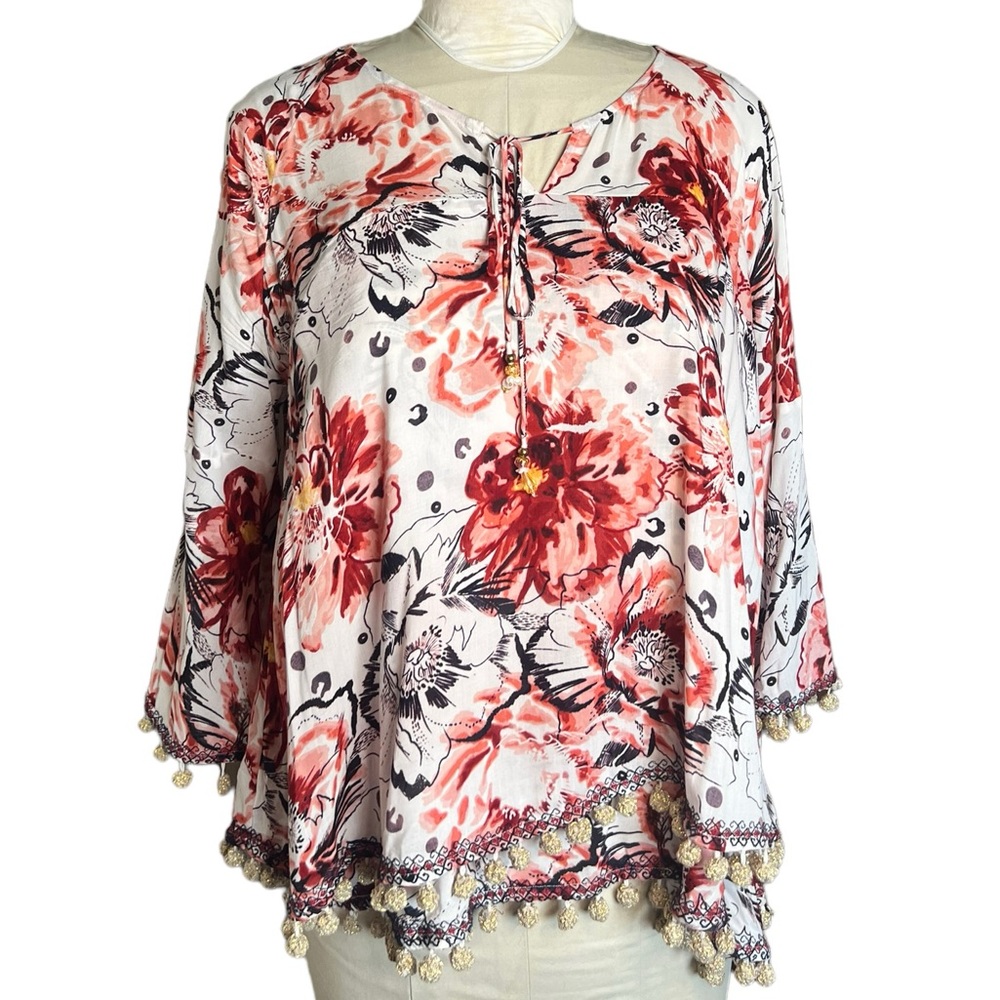 Soft Surroundings Floral Boho Pom Pom Top - Picture 2 of 8